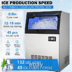 132LB Commercial Ice Maker Built-in Ice Cube Machine 33Lbs Bin Storage 45 Cubes