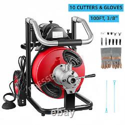 Commercial Sewer Snake Drain Cleaner Auger 100Ft 3/8'' Cleaning Machine withCutter