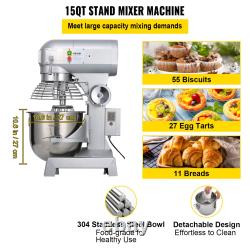 VEVOR 10/15/20/30 QT Commercial Food Mixer 3-Speed Stand Electric Dough Mixer