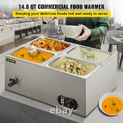 VEVOR 110V Commercial Food Warmer 4x1/4GN, 4-Pan Stainless Steel Bain Marie 14.8