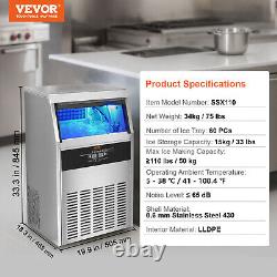 VEVOR 110lbs/24H Commercial Ice Maker Freestanding Ice Cube Machine 33LB Storage