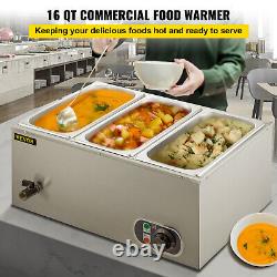 VEVOR 16Qt Commercial Food Warmer 3 Pans Bain Marie Steam Table Wet Heat 1200W