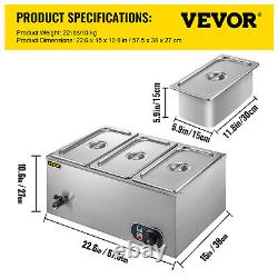 VEVOR 16Qt Commercial Food Warmer 3 Pans Bain Marie Steam Table Wet Heat 1200W