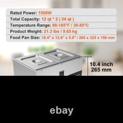 VEVOR 2-Pan Commercial Food Warmer, 2 x 12QT Electric Steam Table, 1500W Profess