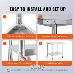 VEVOR 30x36 Inch Stainless Steel Work Table Commercial Prep Table With 4 Casters