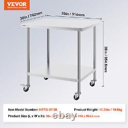 VEVOR 30x36 Inch Stainless Steel Work Table Commercial Prep Table With 4 Casters