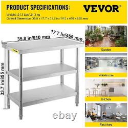 VEVOR 36x18 Stainless Steel Work Table 2 Shelves Commercial Kitchen Food Prep