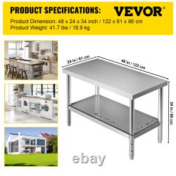 VEVOR 48 60 72 Kitchen Work Table Stainless Steel Commercial Food Prep Table