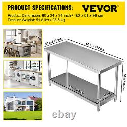 VEVOR 60X24 Stainless Steel Prep Work Table Kitchen Food Pre Table Commercial