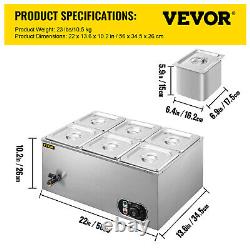 VEVOR Commercial Food Warmer Bain Marie Steam Table Countertop 6-Pan Station