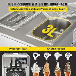 VEVOR Commercial Soft Ice Cream Machine 18L/H 3 Flavors Soft Yogurt Maker 1200W