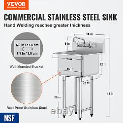 VEVOR Commercial Utility & Prep Sink 1 Compartment Stainless Steel Backsplash