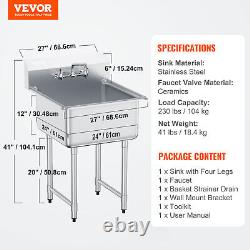 VEVOR Commercial Utility & Prep Sink 1 Compartment Stainless Steel Backsplash