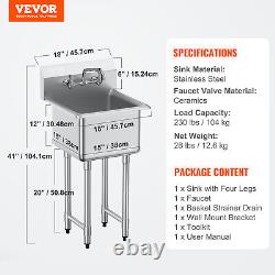 VEVOR Commercial Utility & Prep Sink 1 Compartment Stainless Steel Backsplash