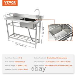 VEVOR Commercial Utility & Prep Sink Single Bowl withWorkbench 47.2x19.7x37.4 in