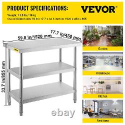 VEVOR Food Pre Table 60x14 Stainless Steel Work Table with Double Undershelves