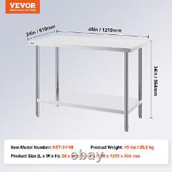 VEVOR Stainless Steel Work Prep Table Commercial Worktable Food Prep 24x48x34in