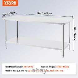 VEVOR Stainless Steel Work Prep Table Commercial Worktable Food Prep 30x72x34in