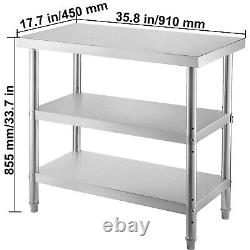 VEVOR Stainless Steel Work Table 36x18 in Double Undershelf Commercial BBQ Table