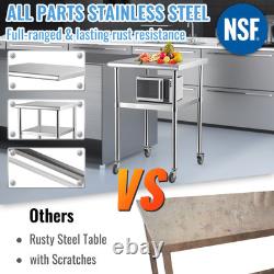 VEVOR Stainless Steel Work Table Commercial Food Prep Table 24x24x36in with Wheels