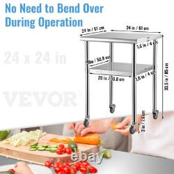 VEVOR Stainless Steel Work Table Commercial Food Prep Table 24x24x36in with Wheels