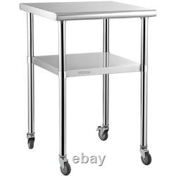 VEVOR Stainless Steel Work Table Commercial Food Prep Table 24x24x36in with Wheels