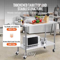 VEVOR Stainless Steel Work Table Commercial Food Prep Table 24x48 with Casters