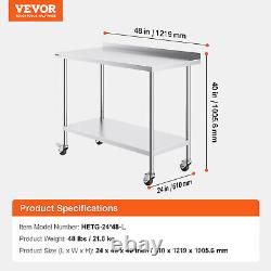 VEVOR Stainless Steel Work Table Commercial Food Prep Table 24x48 with Casters