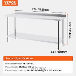 VEVOR Stainless Steel Work Table Commercial Kitchen Work Food Prep Table 24x72