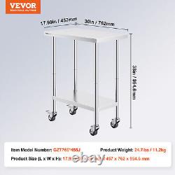 VEVOR Stainless Steel Work Table Commercial Prep Table 30x18 Inch With 4 Casters