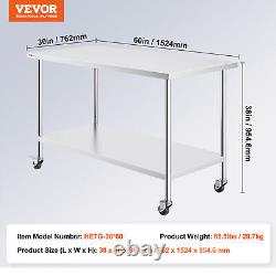 VEVOR Stainless Steel Work Table Commercial Prep Table 30x60 Inch With 4 Casters